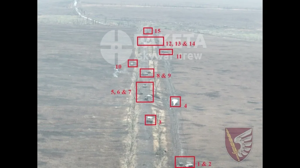 24 Destroyed Russian Vehicles Seen on Drone Photos Near Novomykhailivka