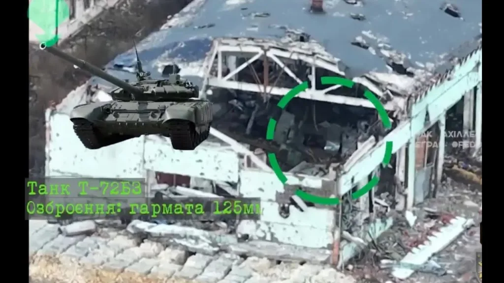 T-72B3 Hidden in a Building Hit by FPV Drone in Bakhmut — Great Flying!