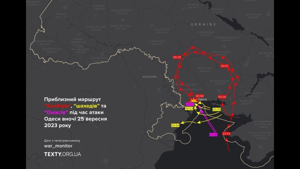 The Route of Russia’s Kalibr and Oniks Missiles and Shahed Drones During the 09/25 Attack on Odessa